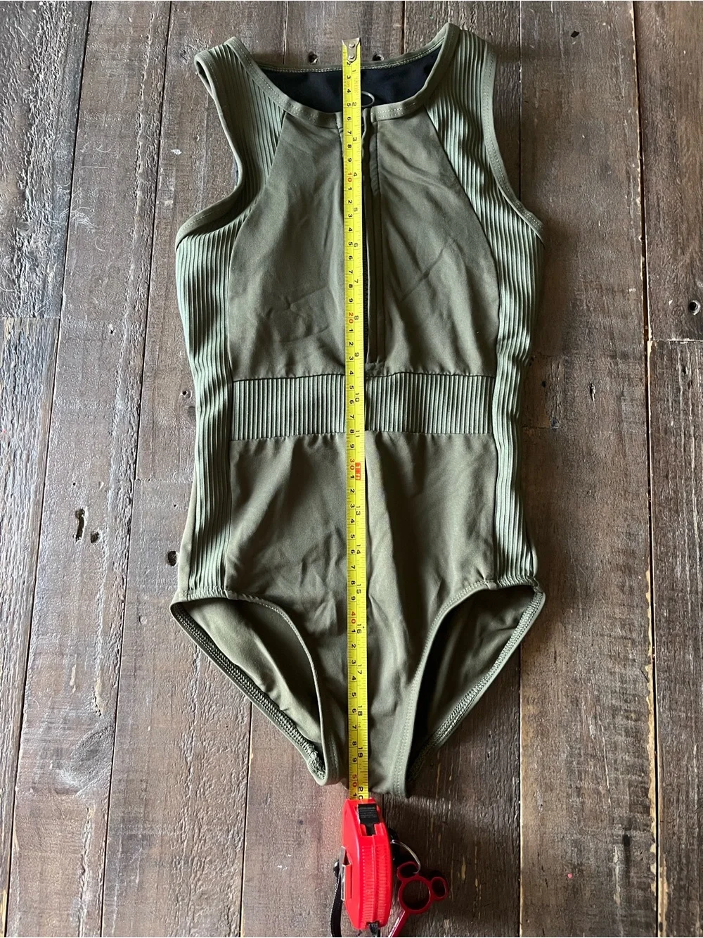 Olive Green Ribbed Zip-Front One-Piece Leotard